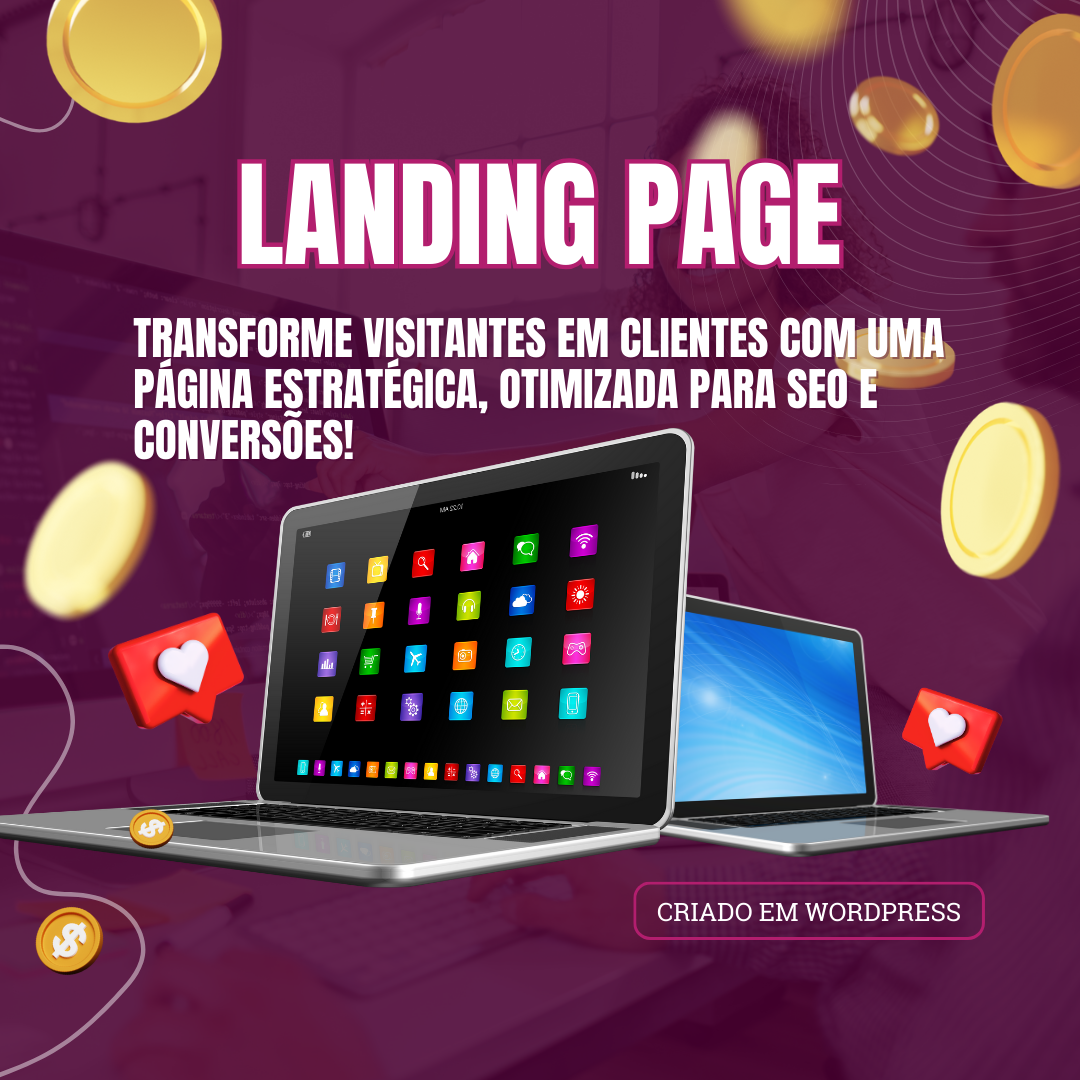 Banner promocional de serviço de criação de landing page em WordPress, com foco em conversão, estratégia e SEO.