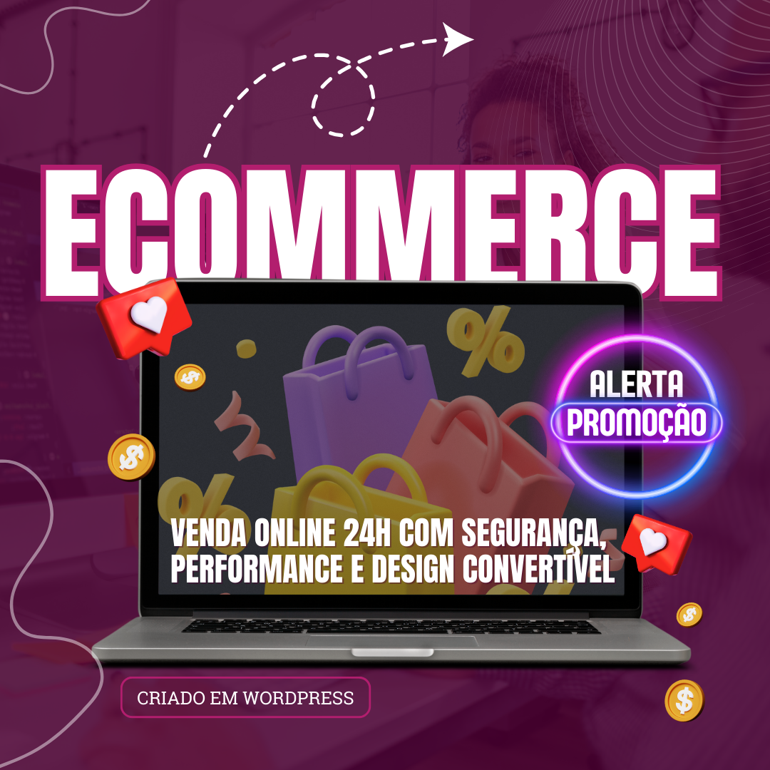 Banner promocional de serviço de criação de e-commerce em WordPress, com destaque para venda online 24h, segurança, performance e design atrativo.