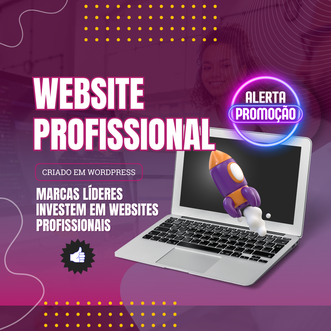 Banner promocional de um serviço de criação de website profissional em WordPress, com notebook aberto exibindo interface digital, sobre fundo moderno com linhas curvas.